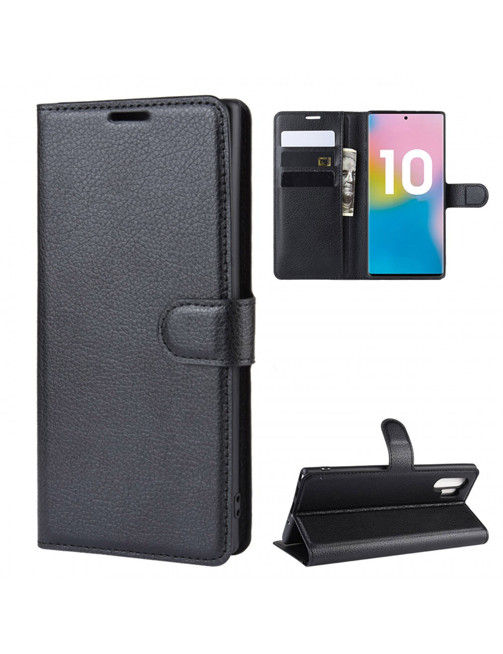 Samsung Galaxy Note 10 Plus portemonnee hoesje, zwart, goedkoop, PU Leer, pasjes